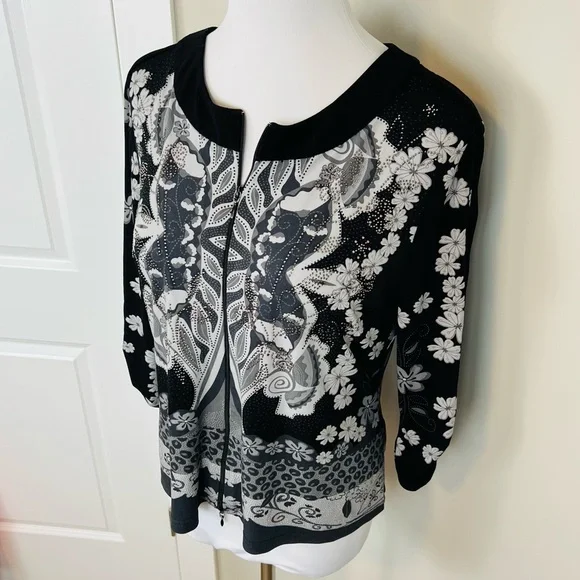 Joseph Ribkoff Black and White Floral Blazer Coat - Picture 2 of 5
